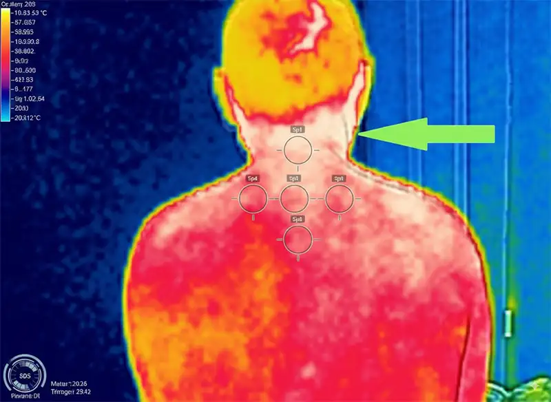Voorbeeld van warmtebeelden bij medische thermografie met temperatuurverschillen